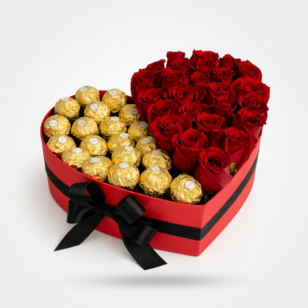 Caixa de Coração Rosas e Ferrero